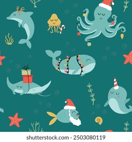 Navidades sin patrón bajo el océano. Ballena linda, delfín, pez, pulpo y medusas con sombrero de santa y luces de Navidades, etc.