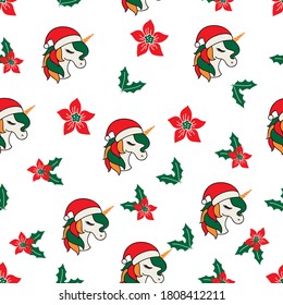 Christmas seamless pattern with unicorn and poinsettia flower. Vector background with christmas unicorn.