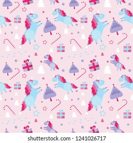 Christmas seamless pattern with unicorns, fir trees, candy cane, gift boxes on blue background. Holiday template with Xmas unicorn, festive flat cartoon elements. Design for wrapping, fabric, print.