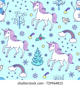 Christmas seamless pattern with unicorns and other elements on white background.Vector illustration
