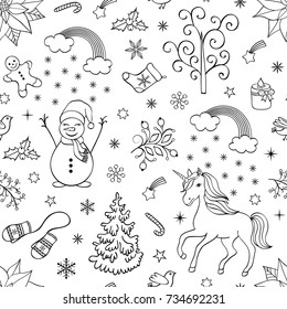 Christmas seamless pattern with unicorns and other elements on white background.Coloring page for kids and adult.Vector illustration