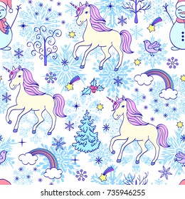 Patrón de Navidad transparente con unicornios y otros elementos sobre fondo blanco.Ilustración vectorial