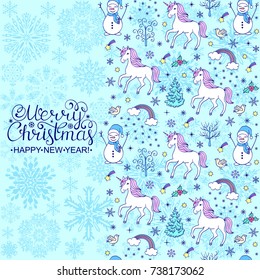Christmas seamless pattern with unicorns and other elements on white background.Vector illustration