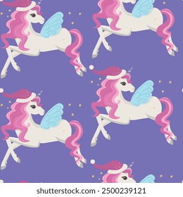 Christmas seamless pattern with unicorns in red hat.