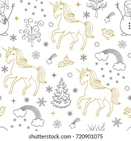 Christmas seamless pattern with unicorns,trees,birds,snowmen on white background.