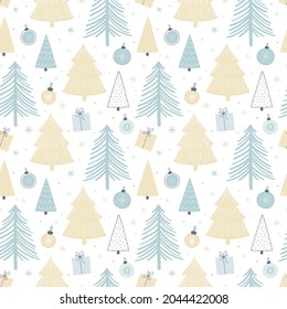 Navidad sin fisuras con árboles variados, bolas de Navidad y regalos. Paleta Pastel. Estilo escandinavo