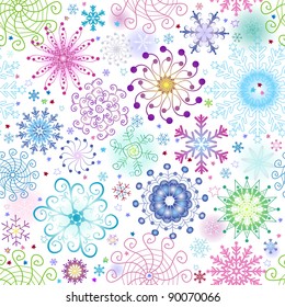 Christmas seamless pattern with variegated colorful snowflakes and stars (vector)