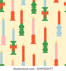 Christmas seamless pattern with various colorful candles. Vector flat geometric holiday background