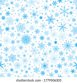 Christmas seamless pattern with various complex big and small snowflakes, blue on white background