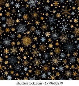 Christmas seamless pattern with various complex big and small snowflakes, gray and yellow on black background
