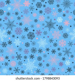 Christmas seamless pattern of various complex big and small snowflakes, gray and red on light blue background