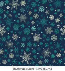 Christmas seamless pattern of various complex big and small snowflakes, white on blue background
