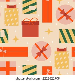 Patrón de Navidad sin fisuras con varias cajas de regalo de vacaciones y estrellas. Fondo vectorial de vacaciones