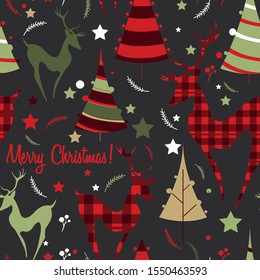 Christmas seamless pattern Vector background with deers and christmas tree Wrapping paperor wallpaper design