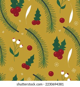 Christmas seamless pattern. Vector background with fir branches, red berries, holly, snowflakes. Surface design for textile, fabric, wrapping, paper, packaging	