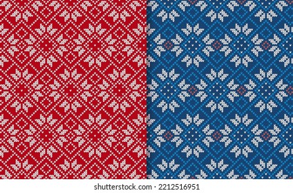 Christmas seamless pattern. Vector. Blue and red knitted sweater textures. Xmas geometric knit background. Holiday fair isle traditional ornament print. Festive pullover. Wool illustration.