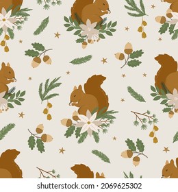 Christmas Seamless pattern vector digital background with squirrel and oak leaves. Digital paper for fabric, wrapping paper, textile.