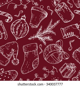Christmas seamless pattern. Vector doodles of light, socks, gift, mitten, candle, bell, branch, candy, ball, hat, ice skate