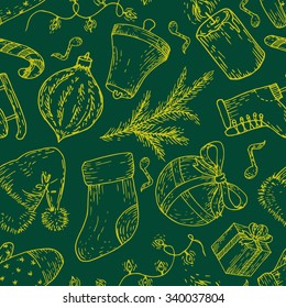 Christmas seamless pattern. Vector doodles of light, socks, gift, mitten, candle, bell, branch, candy, ball, hat, ice skate