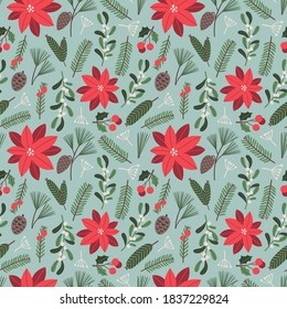 Patrón ininterrumpido de Navidad, ilustración floral vectorial con elementos tradicionales de vacaciones poinsettia roja, mistletoe, cono, ramas de hueso y abeto. Perfecto para la tela, papel pintado, papel envolvente.
