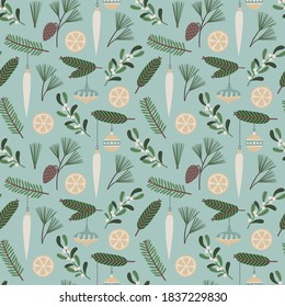 Christmas seamless pattern, vector floral illustration with traditional holiday elements Christmas toys, mistletoe, cones, orange and fir-tree branches. Perfect for fabric, wallpaper, wrapping paper.