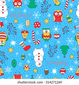 Christmas seamless pattern. Vector hand drawn winter elements. Fun doodle background for kids. Snowflake, owl, christmas tree, mittens, socks. On blue background.