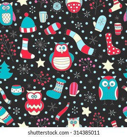 Christmas seamless pattern. Vector hand drawn winter elements. Fun doodle background for kids. Snowflake, owl, christmas tree, mittens, socks. On black background.