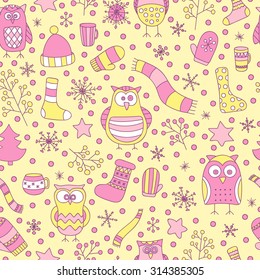 Christmas seamless pattern. Vector hand drawn winter elements. Fun doodle background for kids. Snowflake, owl, christmas tree, mittens, socks. On yellow background.