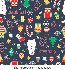 Christmas seamless pattern. Vector hand drawn winter elements. Fun doodle background for kids. Snowflake, owl, christmas tree, mittens, socks. On grey background.