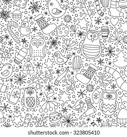 Christmas Seamless Pattern. Vector Hand Drawn Outline Winter Elements. Fun Doodle Background For Kids. Snowflake, Owl, Christmas Tree, Mittens. On White Background. Coloring Page For Kids And Adult.