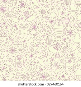 Christmas seamless pattern. Vector hand drawn outline winter elements. Fun doodle background for kids. Snowflake, owl, christmas tree, mittens, socks. On light yellow background.