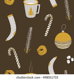 Christmas seamless pattern. Vector hand drawn winter background. Seasonal illustrated surface design. Cropped with clipping mask