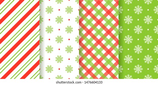 Christmas seamless pattern. Vector. Holiday background. Xmas, New year endless texture wrapping paper with snowflake, candy cane stripe, plaid. Festive geometric textile print. Red green illustration