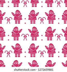 Christmas seamless pattern. Vector illustration with Santa Claus, candy canes. Design for wrapping, fabric, print.