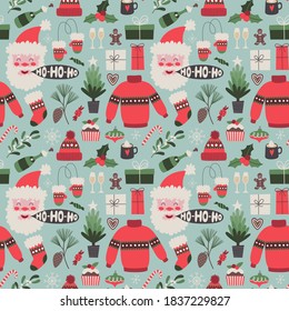 Christmas seamless pattern, vector illustration with traditional holiday symbols santa claus, mistletoe, red sweater, holly and christmas tree. Perfect for fabric, wallpaper, wrapping paper.