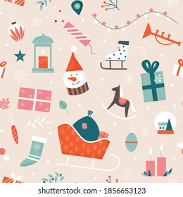 Christmas seamless pattern vector illustration. Cartoon flat Xmas socks with present gifts, cute snowman in hat, sweet candy, holly berries on winter holiday childish background