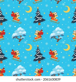 Christmas seamless pattern. Vector illustration with the symbol of the year. The tiger is rolling on a sled through a snowy forest.