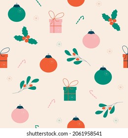 Christmas seamless pattern. Vector illustration of gifts, Christmas balls and snowflakes. Traditional winter print. Holiday design for packaging, napkins, decor.