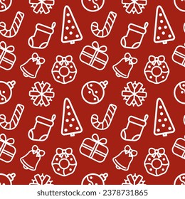 Christmas seamless pattern. Vector illustration on red background.  Decoration tree, bell, wreath, gift, present, snowflake, candy cane, socks