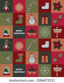 Christmas. Seamless pattern. Vector illustration. Geometric pattern. Gnome, snowman, gift, Christmas bells, skates, snow globe