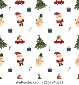 Christmas seamless pattern vector illustration with trees, snowman, gifts, candy canes, holly berries and Santa Claus on a white background. It's festive and cheerful, perfect for holiday decorations.