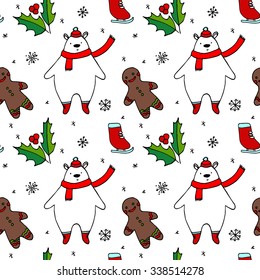 Christmas seamless pattern, vector illustration. Hand drawn bear, cookie, holy, snowflakes skates.