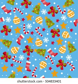 Christmas seamless pattern. Vector illustration with glob, Christmas tree, snowflakes and candy on blue background. For printing, backdrop and textile.