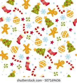 Christmas seamless pattern. Vector illustration with glob, Christmas tree, snowflakes and candy. For printing, backdrop and textile.