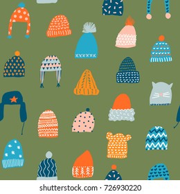 Christmas seamless pattern in vector with knitted winter hats