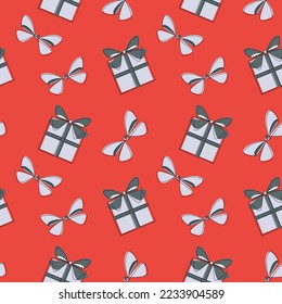 Christmas seamless pattern vector. One line hand drawn gift box bow ribbon background illustration. Wallpaper, festive decor, fabric, print, wrapping paper, New Year card.
