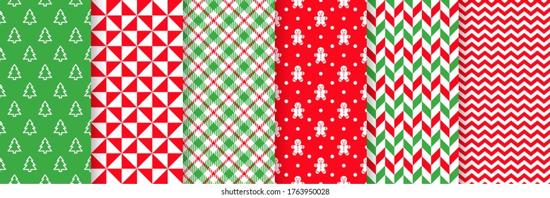 Christmas seamless pattern. Vector. Prints with tree, triangle, zigzag, gingerbread man, plaid and herringbone. Xmas New year backgrounds. Set textures. Festive wrapping paper. Red green illustration