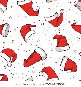 Christmas seamless pattern. Vector Santa Claus hat background for wrapping, textile, gift packaging, printing, decoration. Red winter caps for fabric swatch.