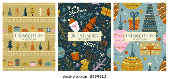 Christmas seamless pattern vector set in vintage scandinavian style.New year winter holiday background with christmas tree, santa claus and gifts