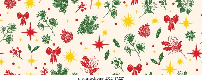 Weihnachten nahtloses Muster, Vektor Winter Urlaub Textur, Blumen Vintage Silvester Packpapier. Tannenbaumzweig, grünes Mistelblatt, rote Beeren, Sterne, Dezember Endlosfolie. Weihnachtsmuster